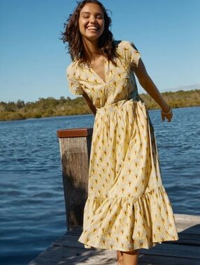 Boden Bernadette Cotton Midi Dress Yellow Floral Print Dress Size 12 Cottagecore